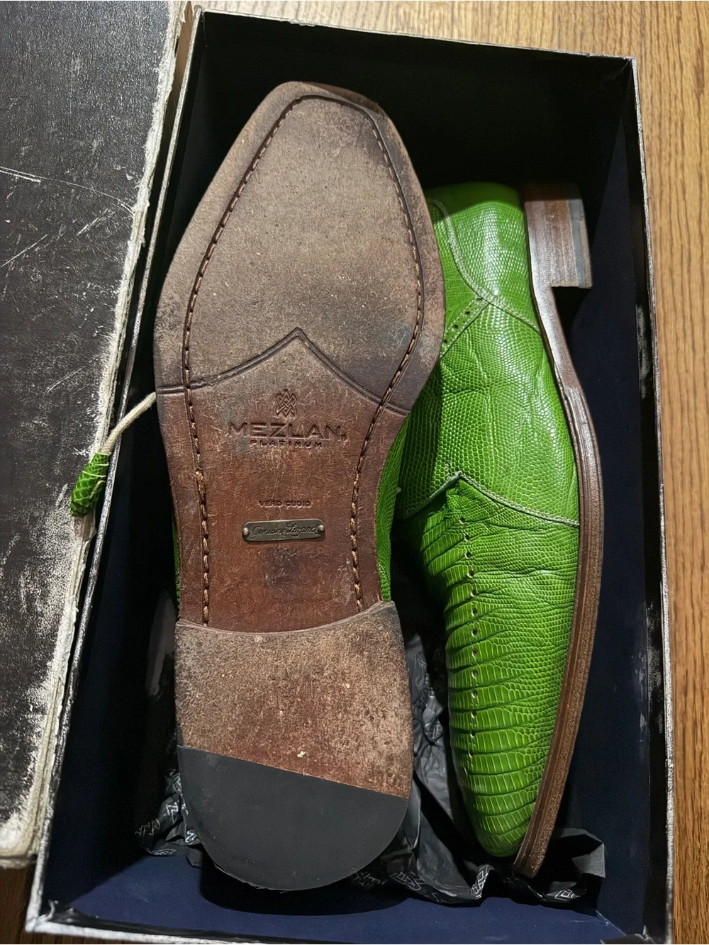 Mezlan Green Lizard-Embossed Leather Lace-Up Oxfords